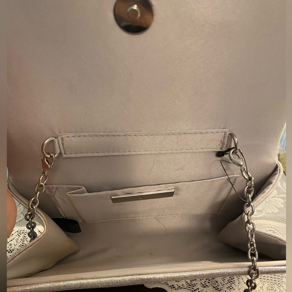 INC silver rhinestone snap clutch with silver crossbody chain - Picture 4 of 5